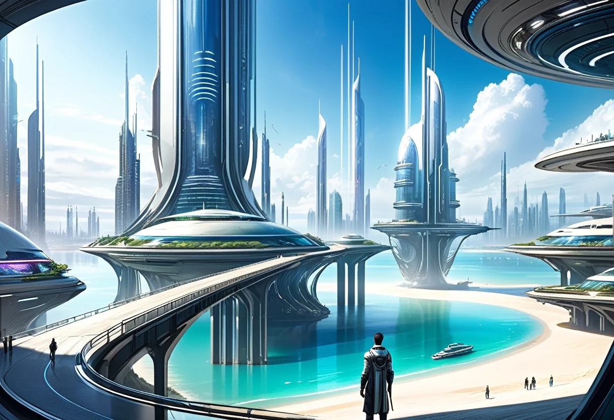 man overlooking a futuristic sci-fi city following the long curve of a sandy bay with futuristic piers stretching out into the water