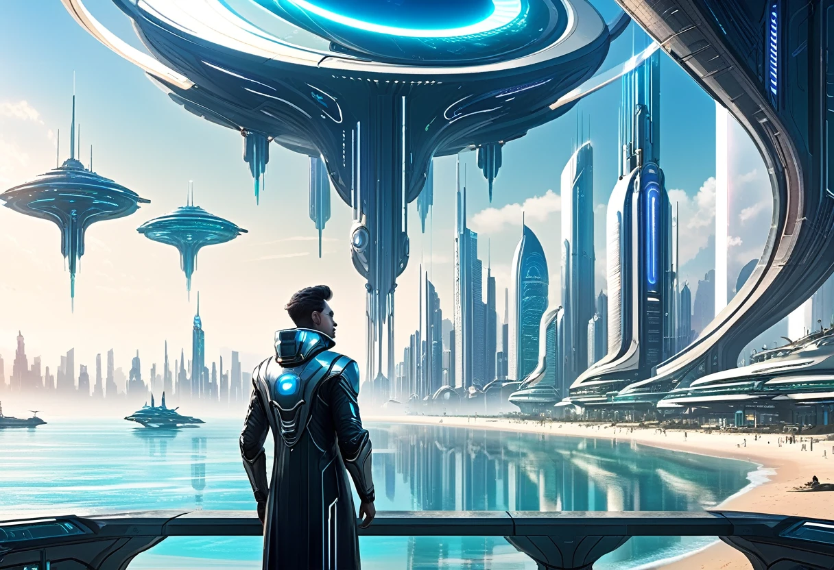 man overlooking a futuristic sci-fi city following the long curve of a sandy bay with futuristic piers stretching out into the water