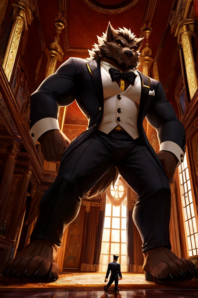 Giant Buff Werewolf Butler, Confident, Golden Eyes, Muscular, Handsome, Charming, View from Below, High Contrast, Standing over the Viewer, Macro, Inside Mansion, Gold Collar, Barefoot