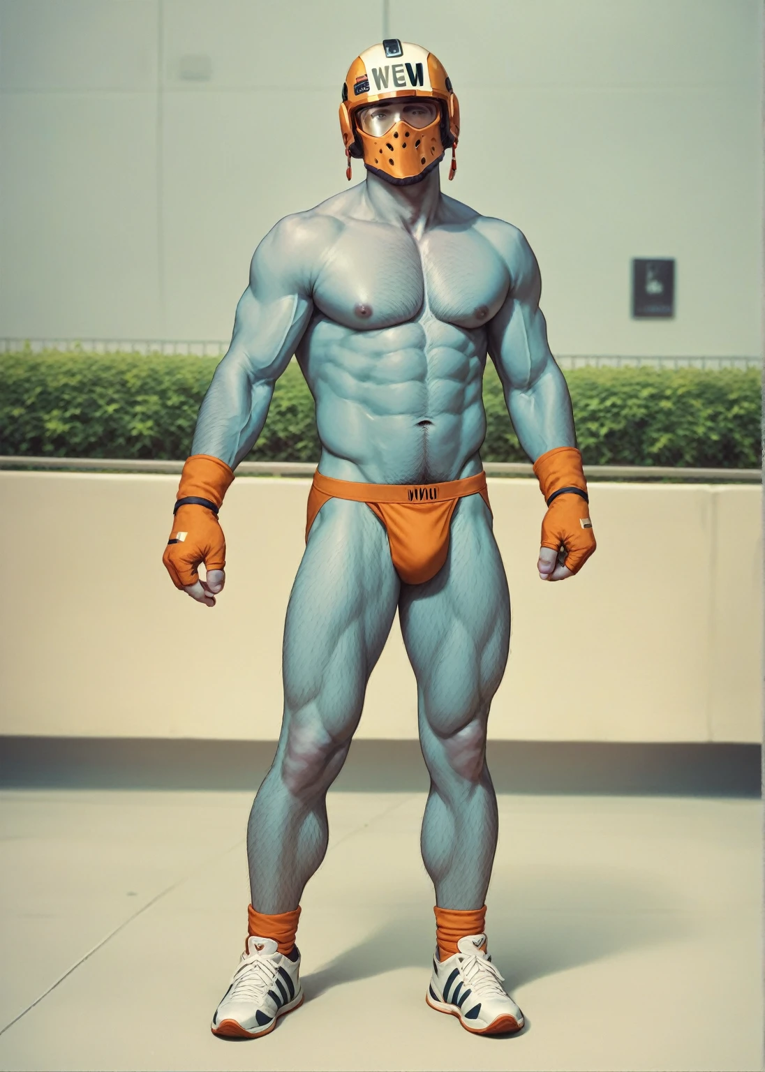 1960s,photo realistic,, shirtless, naked, wearing nothing, nude, gay,ra, naked except for hero helmet,iry body, man in his 40s, muscular body with fat,