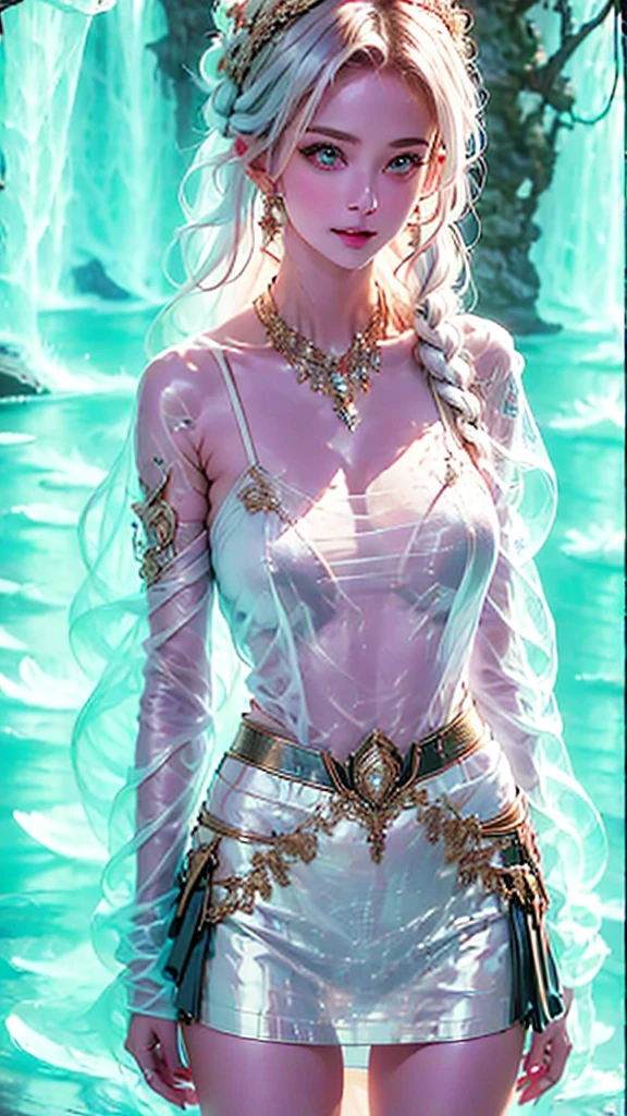 A high resolution rendering of a fierce woman, standing solo with her hips slightly tilted, her detailed face exuding confidence and strength. Her long white hair is adorned with delicate braids, and she is dressed in a striking army suit with a short skirt and adorned with unique tattoos and jewelry.