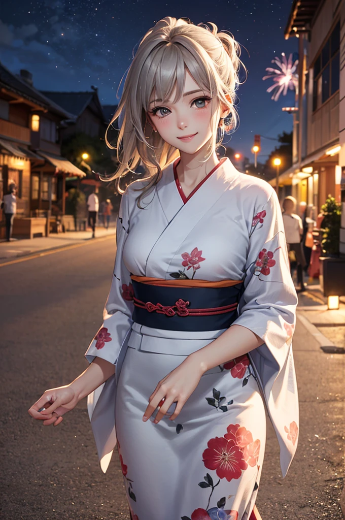 (Best Quality,High resolution,8K,finelity detailed background,Masterpiece:1.2),beautiful girl,Glossy romance gray hair,messy hairl,Beautiful grey eyes,Gentle look,A refreshing look,Best quality,Best Quality,Aesthetic and aesthetic:1.2,Best details((Super detailed))(High-definition CG illustrations),yukata(Floral),Slender body,night,Fireworks display,Fireworks in the background,Fireworks,smile,blush,cute,Scrounge,Looking up,Being spoiled,super model