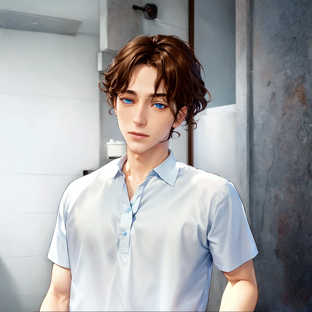 blue eyes and brown hair、Anime boy in a white shirt, Tall anime guy with blue eyes, Semi-realistic anime, In games, Smooth anime CG art, Anime Handsome Man, Semi-realistic anime, main character, Inspired by Hisui Sugiura, Male Anime Characters, He has short, curly brown hair, Visual Novel CG, Male characters, Young Anime Guy