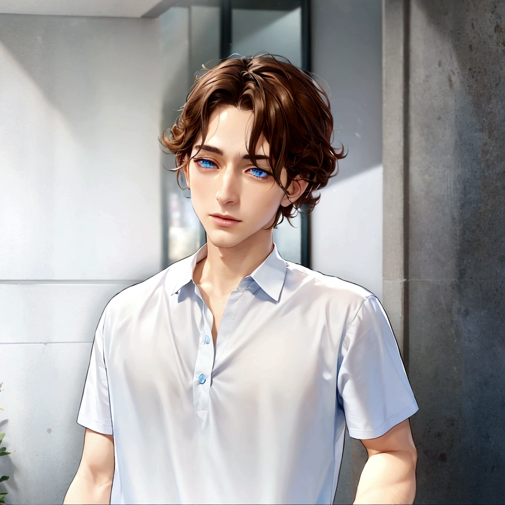 blue eyes and brown hair、Anime boy in a white shirt, Tall anime guy with blue eyes, Semi-realistic anime, In games, Smooth anime CG art, Anime Handsome Man, Semi-realistic anime, main character, Inspired by Hisui Sugiura, Male Anime Characters, He has short, curly brown hair, Visual Novel CG, Male characters, Young Anime Guy