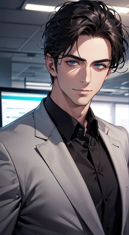 (best quality,4k,8k,highres,masterpiece:1.2),ultra-detailed,(realistic,photorealistic,photo-realistic:1.37),1 man,31 years old,mature man,very handsome,without expression,smile,short grey black hair,blue eyes,penetrating gaze,perfect face without errors,imposing posture,businessman,office background,cinematic lighting,hdr image