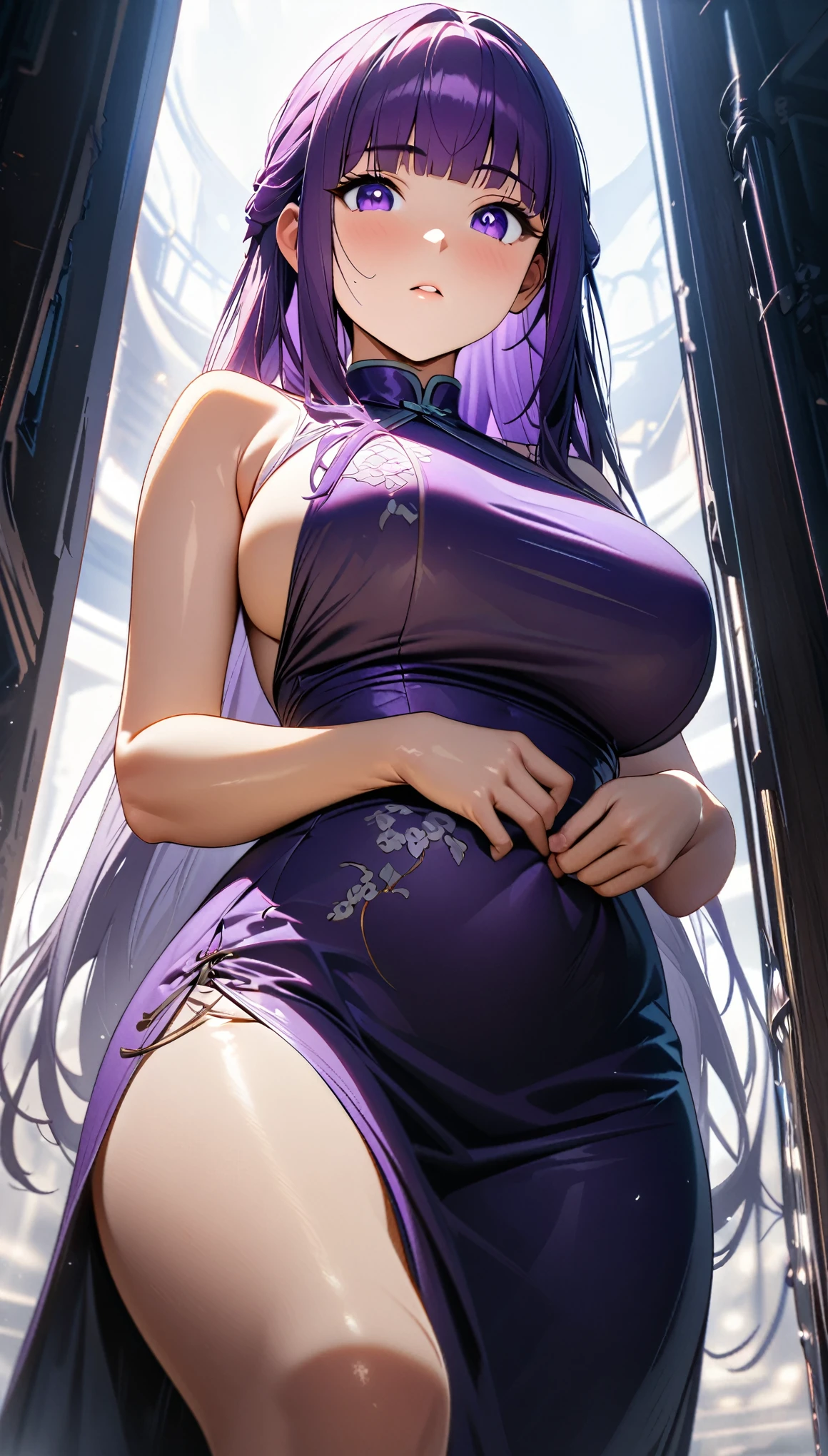 Cheongsam Girl，Half Up,Purple Hair,Purple eyes,Long Hair，Blunt bangs,cowboy shot,Pure white background，Big Breasts,Depth of written boundary，(Low angle view:0.9)，Calf Level View，Overclocked Renderer，Cinema Lighting，masterpiece,Ultra-fine，Very detailed，complicated，Cinematic Perspective，CG Art，Looking at me,