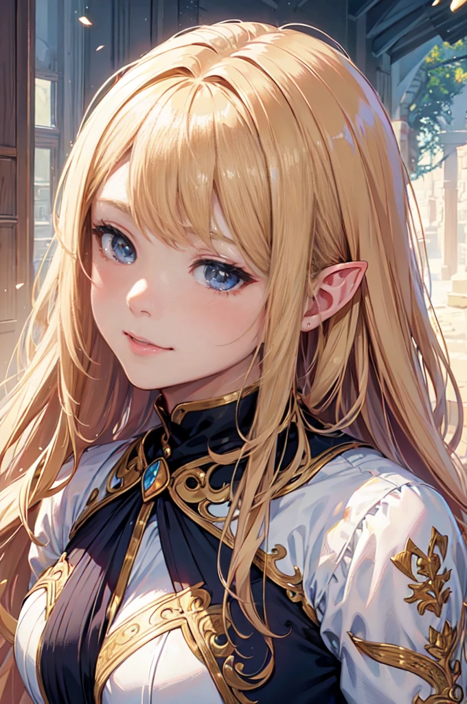 (best quality,ultra-detailed),(realistic:1.37) portrait of a cute girl with mesugaki hairstyle. She has a beautiful face, with mesmerizing eyes and luscious long blond hair. She embodies the essence of an elf, radiating a magical aura. The portrait captures her innocence and charm, highlighting her cute features and captivating smile. The artwork is created using a medium of exquisite digital painting, which brings out the intricate details and vibrant colors. The lighting is soft and gentle, illuminating her face with a warm glow. The overall color palette is delicate, with pastel tones that add to the dreamy atmosphere. The high-resolution artwork showcases the finest craftsmanship and attention to detail, making it a true masterpiece.