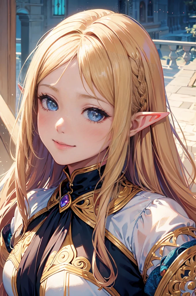 (best quality,ultra-detailed),(realistic:1.37) portrait of a cute girl with mesugaki hairstyle. She has a beautiful face, with mesmerizing eyes and luscious long blond hair. She embodies the essence of an elf, radiating a magical aura. The portrait captures her innocence and charm, highlighting her cute features and captivating smile. The artwork is created using a medium of exquisite digital painting, which brings out the intricate details and vibrant colors. The lighting is soft and gentle, illuminating her face with a warm glow. The overall color palette is delicate, with pastel tones that add to the dreamy atmosphere. The high-resolution artwork showcases the finest craftsmanship and attention to detail, making it a true masterpiece.