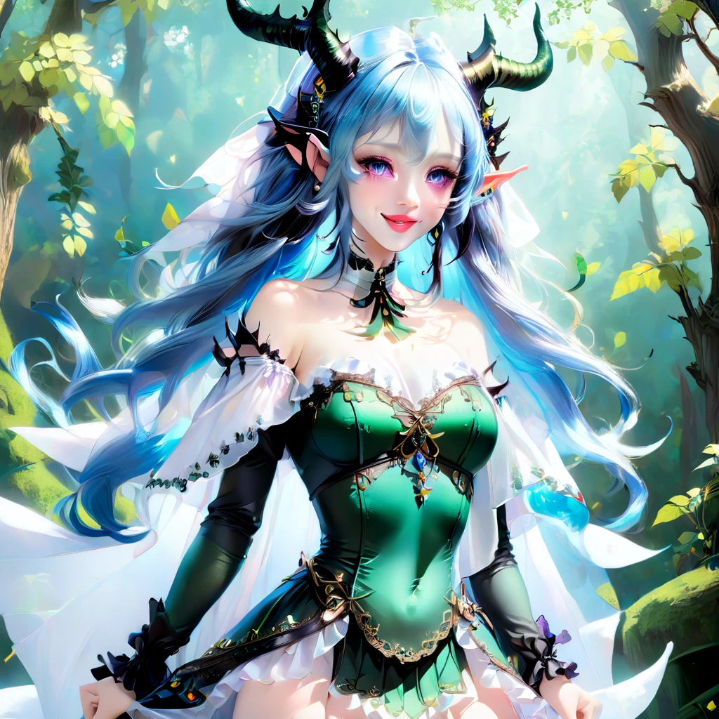 masterpiece, Highest quality, Very detailed, High resolution, An expensive solution, High resolution, masterpiece, depth, Fine texture, Highest quality, Total concentration, (very pretty anime Elf Girl), (Beautiful Gothic Elf Woman, Young Elves, Elf Girl, pretty girl, Young girl),Has horns on its headがある, Grin, smile, (A chic white top with beautiful details, ribbon, medium pleated skirt, Fluffy long sleeves, White Cape), Emerald Eyes, Long eyelashes, eyeliner, Huge thighs, Wide Hips, Tight waist, ( Light blue hair, (Light Hair, Long Hair), bangs, Gradient Hair), Shiny Hair, Forest as a background, Fantasy art, 8k high quality detailed art, A fusion of realism and colorful fantasy, Gothic art style, Fantasy art style, a beautiful fantasy Young Elves, CGI anime Fantasy artwork, charm, Seductive posture, Full Body Shot,Vibrant colors, 自信に満ちたsmile, gentle smile, Beautiful attention to detail, Beautiful lip detail, Very detailed目と顔, Long eyelashes, Vibrant colors, Professional, Very detailedな, Intricate details, Volumetric lighting, Lens flare, particle,(White and platinum color scheme), mysterious, mysteriousな.Has horns on its head,Full Body Shot