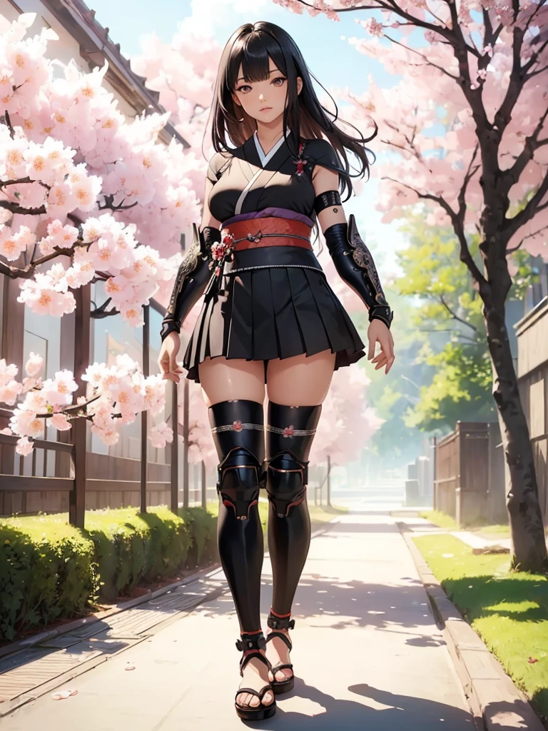 ((1girl, solo)), beautiful body, (perfect anatomy, perfect body, perfect hands, perfect legs), (five fingers:1.5), natural proportions, sexy body, (((large breasts))), cowboy shot BREAK 

((extremely detailed face)), (beautiful detailed eyes:1.6), (realistic pupils, realistic iris:1), expressive eyes, looking at viewer, (clear eyes:1.3), (hyperrealistic:1.2), (detailed skin texture:1.2), smooth skin, (black hair:1.5), (red eyes:1.3), long hair, (straight hair:1.5), (((bangs))), ((blunt bangs)), hair ornament, hair flower, (detailed lips:1.2), (attractive lips:1.1), (glossy lips:1.1), (parted lips), perfect face, perfect eyes BREAK

Samurai, japanese clothes, (short kimono:1.5), sleeveless, elbow gloves, (arm guard:1.5), (micro mini skirt:1.5), pleated skirt, black skirt, zettai ryouiki, thighs, black thighhighs, (greaves:1.3), skindentation, tassel, shimenawa BREAK

Outdoors, day, (spring:1.3), (((cherry blossoms))), nature, ((trees)), forest, ((ancient japan)), medieval fantasy  BREAK 

(masterpiece:1.5), anime-style, top quality, best quality, (beautiful and aesthetic:1.2), (ultra detail:1.5), Ultra-detailed depiction, Ultra-precise depiction, extremely detailed 8k illustration, high resolution, (highly detailed shading:1.2), (realistic lighting:1.4), perfect lighting, vibrant colors, dynamic tones, striking hues, 8k, absurd resolution, perfect shadows, hdr, UHD, ambient lighting, realistic, ultra-realistic, photo realistic, highly detailed, rich detail, luminous colors, fine texture, intricate design, professional illustration, (soft light:1.2), (illustration:0.7)