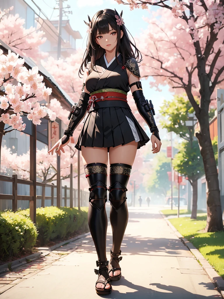 ((1girl, solo)), beautiful body, (perfect anatomy, perfect body, perfect hands, perfect legs), (five fingers:1.5), natural proportions, sexy body, (((large breasts))), cowboy shot BREAK
((extremely detailed face)), (beautiful detailed eyes:1.6), (realistic pupils, realistic iris:1), expressive eyes, looking at viewer, (clear eyes:1.3), (hyperrealistic:1.2), (detailed skin texture:1.2), smooth skin, (black hair:1.5), (red eyes:1.3), long hair, (straight hair:1.5), (((bangs))), ((blunt bangs)), hair ornament, hair flower, (detailed lips:1.2), (attractive lips:1.1), (glossy lips:1.1), (parted lips), perfect face, perfect eyes BREAK
Samurai, japanese clothes, (short kimono:1.5), sleeveless, elbow gloves, (arm guard:1.5), (micro mini skirt:1.5), pleated skirt, black skirt, zettai ryouiki, thighs, black thighhighs, (greaves:1.3), skindentation, tassel, shimenawa BREAK
Outdoors, day, (spring:1.3), (((cherry blossoms))), nature, ((trees)), forest, ((ancient japan)), medieval fantasy BREAK
(masterpiece:1.5), anime-style, top quality, best quality, (beautiful and aesthetic:1.2), (ultra detail:1.5), Ultra-detailed depiction, Ultra-precise depiction, extremely detailed 8k illustration, high resolution, (highly detailed shading:1.2), (realistic lighting:1.4), perfect lighting, vibrant colors, dynamic tones, striking hues, 8k, absurd resolution, perfect shadows, hdr, UHD, ambient lighting, realistic, ultra-realistic, photo realistic, highly detailed, rich detail, luminous colors, fine texture, intricate design, professional illustration, (soft light:1.2), (illustration:0.7)