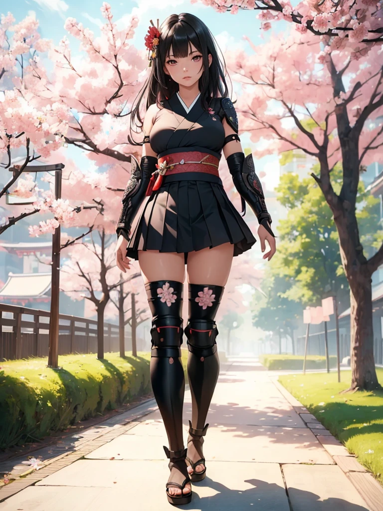 ((1girl, solo)), beautiful body, (perfect anatomy, perfect body, perfect hands, perfect legs), (five fingers:1.5), natural proportions, sexy body, (((large breasts))), cowboy shot BREAK 

((extremely detailed face)), (beautiful detailed eyes:1.6), (realistic pupils, realistic iris:1), expressive eyes, looking at viewer, (clear eyes:1.3), (hyperrealistic:1.2), (detailed skin texture:1.2), smooth skin, (black hair:1.5), (red eyes:1.3), long hair, (straight hair:1.5), (((bangs))), ((blunt bangs)), hair ornament, hair flower, (detailed lips:1.2), (attractive lips:1.1), (glossy lips:1.1), (parted lips), perfect face, perfect eyes BREAK

Samurai, japanese clothes, (short kimono:1.5), sleeveless, elbow gloves, (arm guard:1.5), (micro mini skirt:1.5), pleated skirt, black skirt, zettai ryouiki, thighs, black thighhighs, (greaves:1.3), skindentation, tassel, shimenawa BREAK

Outdoors, day, (spring:1.3), (((cherry blossoms))), nature, ((trees)), forest, ((ancient japan)), medieval fantasy  BREAK 

(masterpiece:1.5), anime-style, top quality, best quality, (beautiful and aesthetic:1.2), (ultra detail:1.5), Ultra-detailed depiction, Ultra-precise depiction, extremely detailed 8k illustration, high resolution, (highly detailed shading:1.2), (realistic lighting:1.4), perfect lighting, vibrant colors, dynamic tones, striking hues, 8k, absurd resolution, perfect shadows, hdr, UHD, ambient lighting, realistic, ultra-realistic, photo realistic, highly detailed, rich detail, luminous colors, fine texture, intricate design, professional illustration, (soft light:1.2), (illustration:0.7)