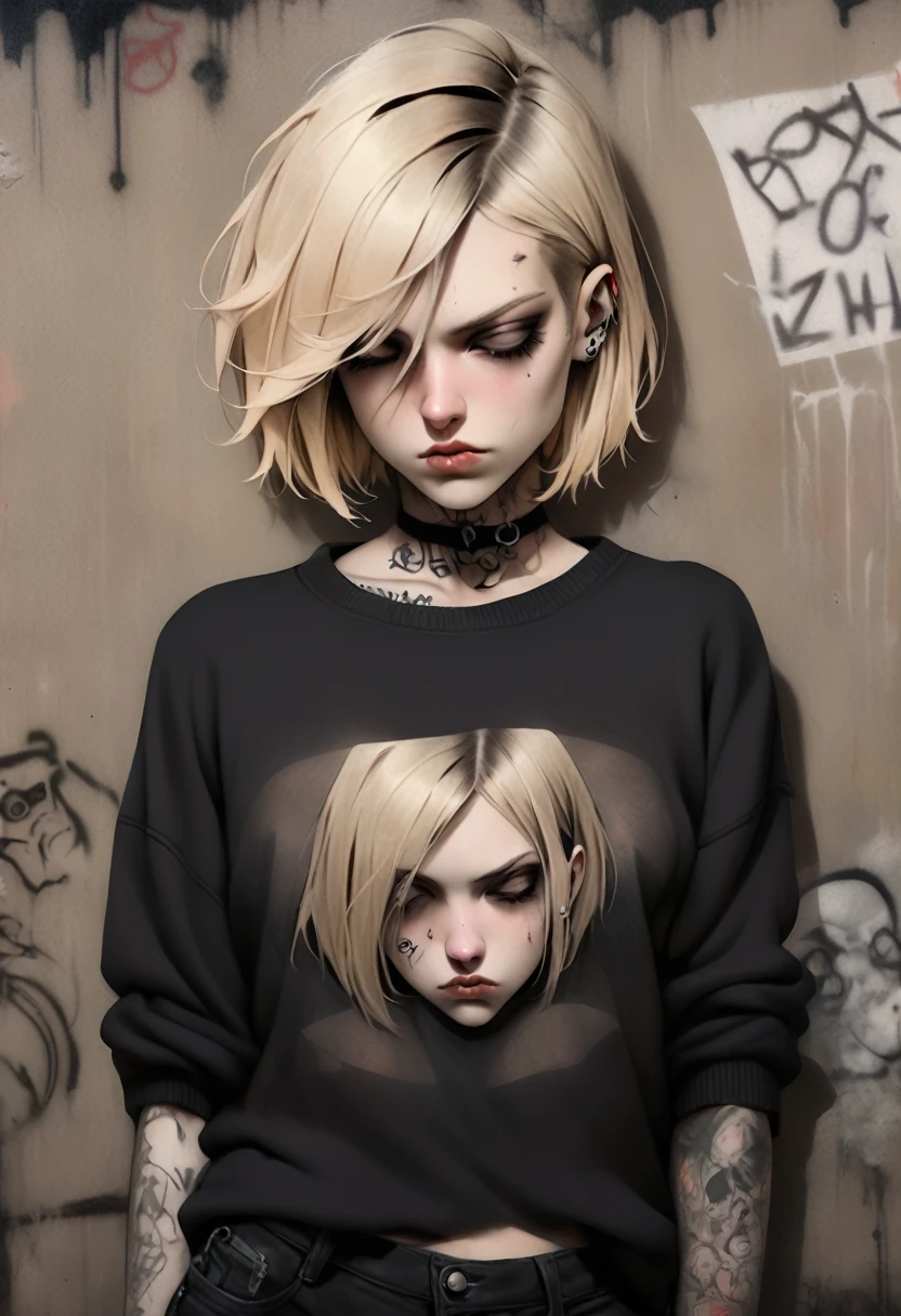 portrait of a female rocker, oversize sweater, sleepy eyes, tattoo, bob short hair, blonde, attitude, sultry, pictorialism, dystopian, grim dark, goth, chiaroscuro, contrast, surrealism, gritty background, background grunge graffiti wall, high angle view