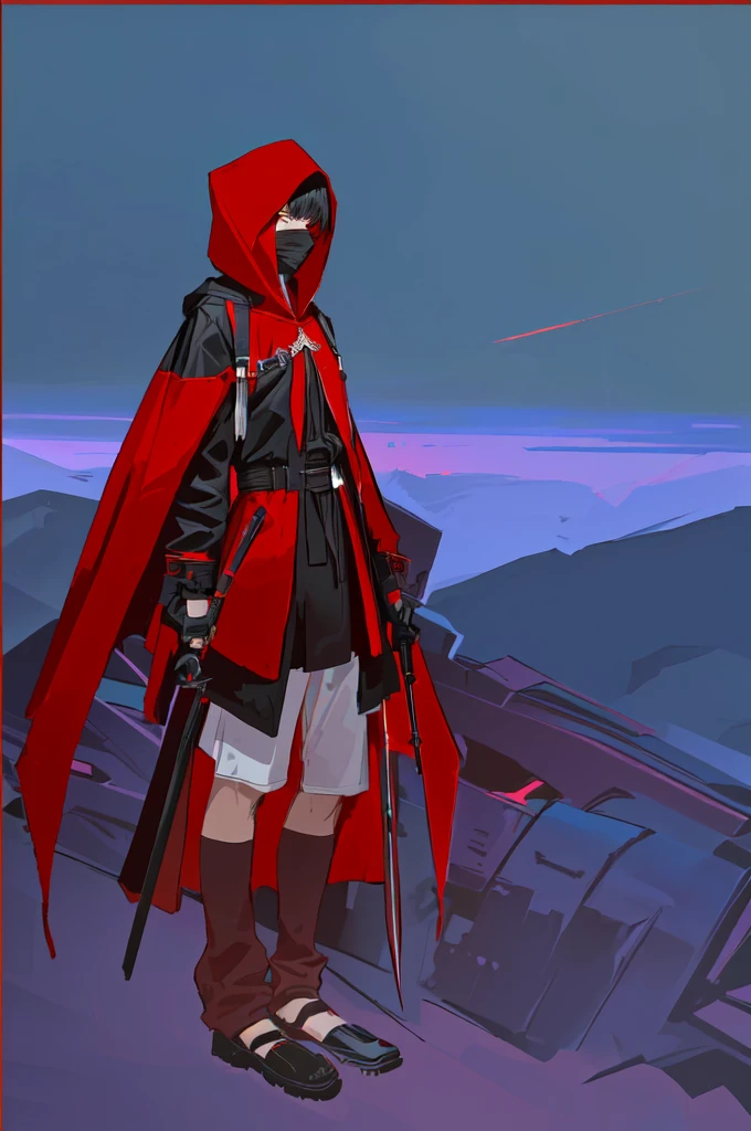cartoon of a Man in a red and black outfit with a blade, red demon cloak, villain wearing a assassin suit, red hooded assassin, crimson attire, face hidden by hoodie cloak, assassin