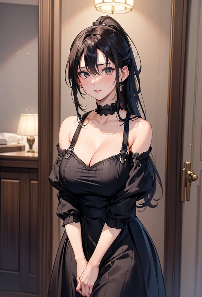 30 years old,1 mature woman,hyperrealistic, 8k, (extremely detailed 8k), (very delicate and beautiful), (masterpiece), (better quality:1.0), (ultra high resolution:1.0), (masterpiece, best quality),cute,black hair,big breasts,ponytail,POV,overalls,full body