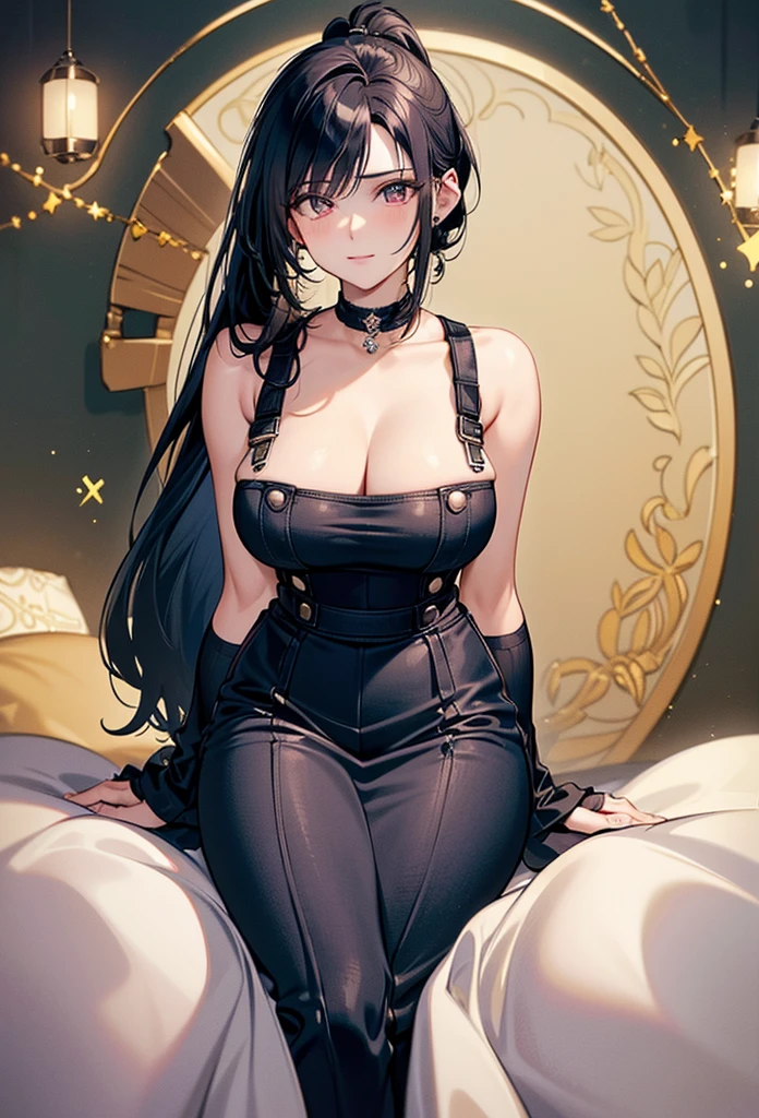 30 years old,1 mature woman,hyperrealistic, 8k, (extremely detailed 8k), (very delicate and beautiful), (masterpiece), (better quality:1.0), (ultra high resolution:1.0), (masterpiece, best quality),cute,black hair,big breasts,ponytail,POV,overalls,full body