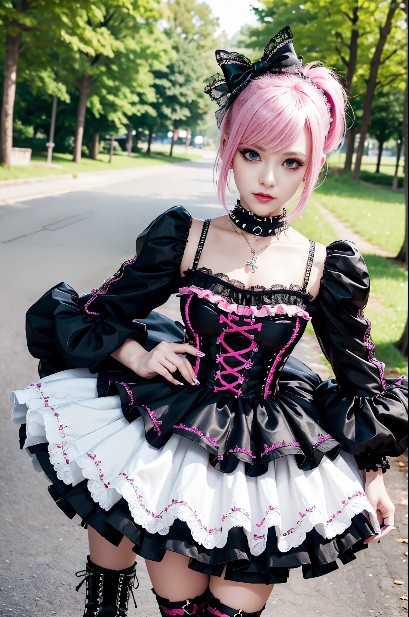 sexy stylish Swedish model, only 1 female, ((doll-like appearance)), short neon pink stylish hair, ((shiny Punk-Style boots)), (beautiful smile), ultra detailed eyes, long lashes, metallic eye-makeup, lip-gloss, ((sexy Punk Lolita cosplay)), unconventional skirt, petticoats, high neckline, ((ultra detailed lace)), ((ultra detailed embroidery)), intricate details, tartan patterns, Punk Lolita accessoires, Punk Lolita choker, ((large sparkling Punk Lolita jewelry)), cinematic light, detailed sunny large park background with trees