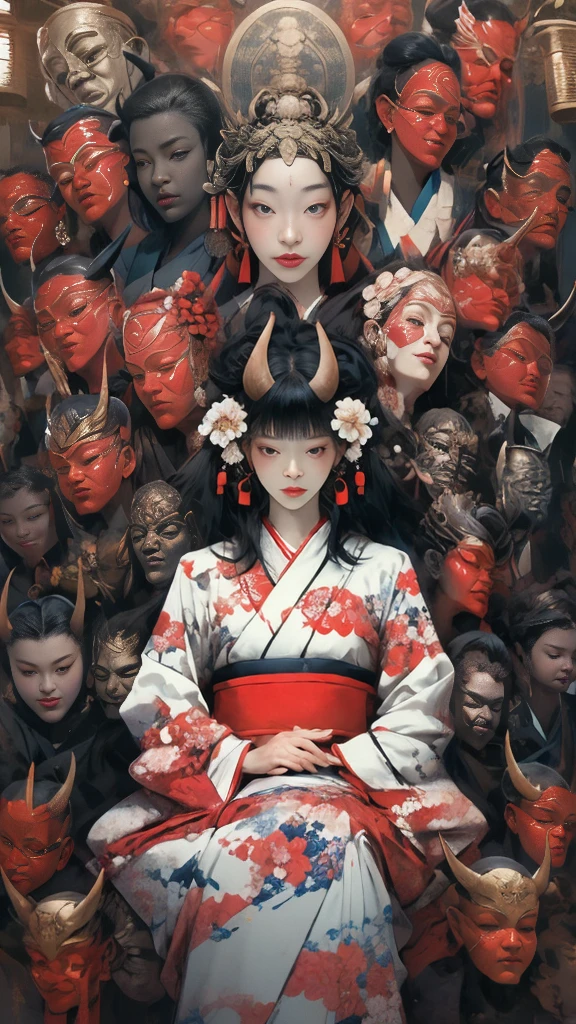 (masterpiece:1.2), best quality,PIXIV,
black hair, japanese clothes, floral print, 1girl, hair ornament, horns, sitting, looking at viewer, flower, kimono, blue eyes, hair flower, earrings, long hair, haori, jewelry, own hands together, tassel, wide sleeves, red eyes, closed mouth, long sleeves, print kimono, black kimono, hakama, bangs, smile