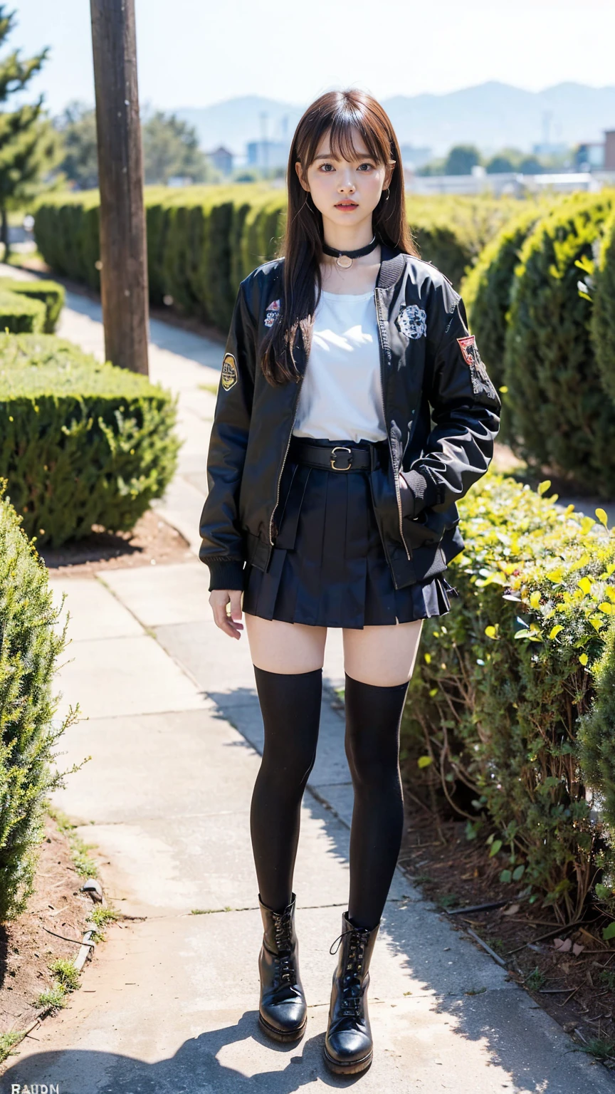 (8K、RAW Photos、Highest quality、masterpiece:1.2)、(Realistic、Realistic)、1 Girl、((Check mini skirt、Jacket、black、Thin legs、whole body、boots、one piece、tights、garden、View from the front、Looking into the camera、belt、Stand with hands on hips))、cute