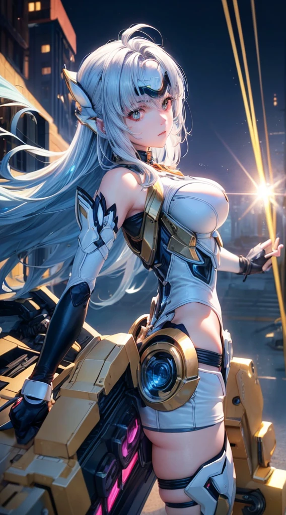 top-quality、​masterpiece、超A high resolution、(Photorealsitic:1.4)、女の子1人、Light blue hair、Straight hair, shiny and clean hair、White shiny skin、Sexy Cyberpunk Girl、((super realistic details))、Shadow、octan render、ultrasharp、hyperdetailed face、Fiberglass、Luminous tube、highly intricate detail、Realistic light、CGSoation Trends、((Golden Eyes))、(Facing the camera)、neon detailechanical limbechanical vertebrae attached to the back、mechanical cervical attaching to neck、Wires and cables connecting to the head、((valkyrie))、((Beam Cannon))、Combat stance