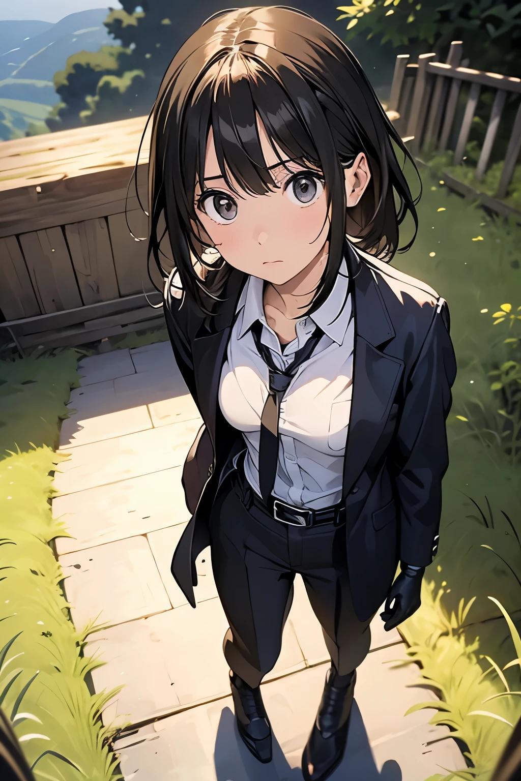 high quality, masterpiece, Ultra-high resolution, (realism: 1.4), Oil painting style, Cinema Lighting, An endless grassland dotted with a few houses, I stood on the empty asphalt road and looked at it., Fairy Mountain々was shrouded in mist, And the suspenders with the cranes flying Moderate breasts Small face holster Lying in bed Looking up Sweat belt summer 脇Sweat Black Hole Gloves suit shirt Black jacket Black trousers Leg Links ズボンにbelt holster Hands behind your back Anxious expression Looking up Anxious face