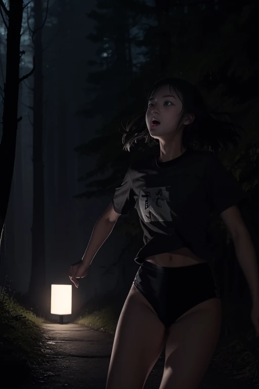 (masterpiece, Highest quality),  (夜のdark森), One Girl, young teen, Black gym bloomers, High Leg、School Shirt, Running in the forest at night, Looking up at the forest、Anxious expression, Emotional, Wide-angle, dark, Best Shadow, watercolor,A young girl running away、Screaming