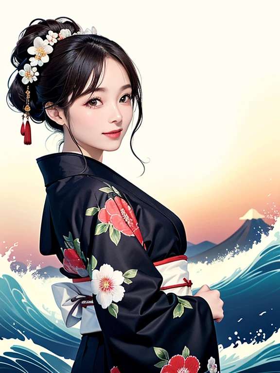 (Highest quality、masterpiece、High resolution、8K)、Ukiyo-e、Vibrant colors、Katsushika Hokusai、1 female、Long Black Hair、The kimono has a vivid floral pattern on a white background.、White waves and Mt. Fuji、White waves, the moon and a woman、White waves, a boat and a woman、White waves and a woman、White waves and a womanとカモメ、Official Art、背景はUkiyo-e風