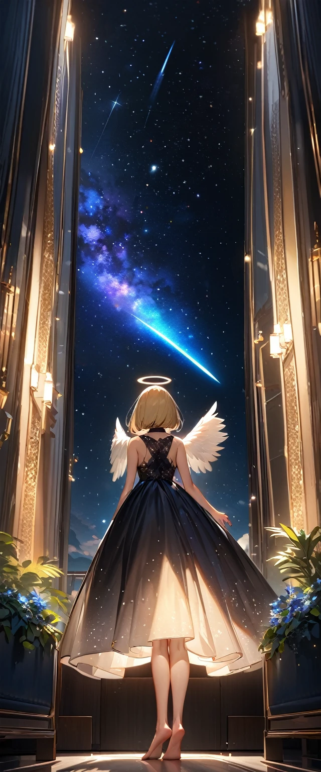(((A meteor shower dancing in the night sky, countless stars ling in the clear air, a beautiful starry sky, the Milky Way shining beautifully in the night))), (((with big angel wings on back))), halo, backless dress, looking up, mountain, wide shot, back shot, a girl, bob cut, bare legs, bare foot, blond hair, (best quality, 4K, 8K, highres, masterpiece:1.2, ultra-detailed, HDR, uhd, studio lighting, ultra-fine painting, sharp focus, physically-based rendering, extreme detail description, professional, vivid colors, bokeh)