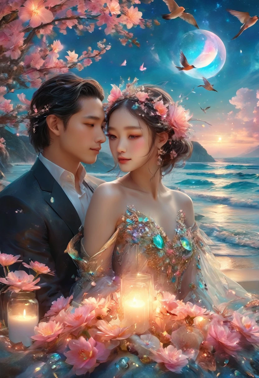 (((masterpiece))), 最high quality, city, Flowers, A delicate scene, Lovers, bird, pink Flowers and bright big shells, Diamond Crystal, At the Beach, Fantasy, night 空, moon, cigarette, fire, photograph, High resolution, 8K, UHigh resolution, Super detailed, high quality, 1080P
