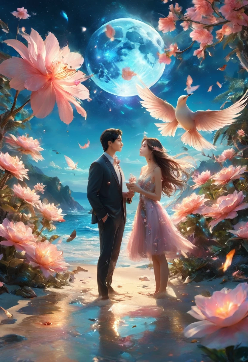 (((masterpiece))), 最high quality, city, Flowers, A delicate scene, Lovers, bird, pink Flowers and bright big shells, Diamond Crystal, At the Beach, Fantasy, night 空, moon, cigarette, fire, photograph, High resolution, 8K, UHigh resolution, Super detailed, high quality, 1080P  