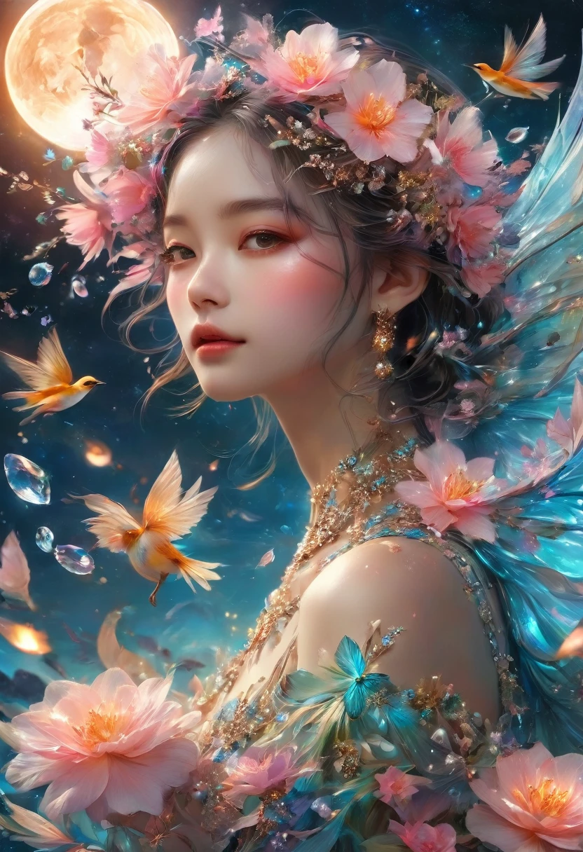 (((masterpiece))), 最high quality, city, Flowers, A delicate scene, Lovers, bird, pink Flowers and bright big shells, Diamond Crystal, At the Beach, Fantasy, night 空, moon, cigarette, fire, photograph, High resolution, 8K, UHigh resolution, Super detailed, high quality, 1080P  
