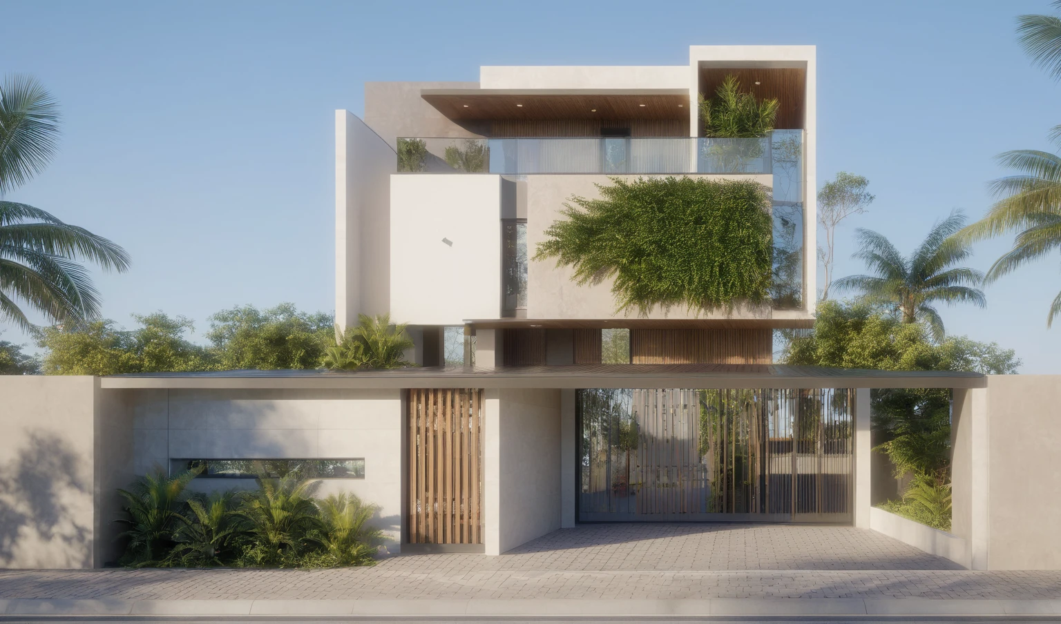 exterior house, contemporary style, white wall, wood wall, steel door, glass window, (realistic:1.2), Masterpiece, high quality, best quality, authentic, super detail, outdoors,road, trees, sky, cloud, (daylight:1.1), modern luxury villa, coconut trees, landscape, along the white beach, clear sky, day time, warm lighting RAW Photo, RAW texture, Super Realistic, 32K UHD, DSLR, soft lighting, high quality, film rating, Fujifilm XT3,Modern, Residential Architecture, car in front of house