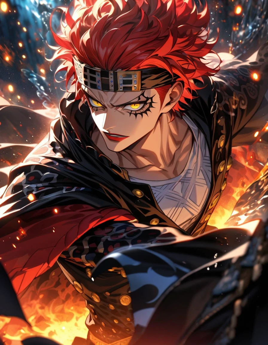Ultra detailed, HDR, Highres, absurdres, master piece, Eustass ???, red hair, red lips, expressive yellow eyes, black cape with patterns, One Piece, sexy man, solo, extremely detailed face and eyes, handsome, glittering, water, white tight shirt, magnetic aura, some iron particles attracting around him
