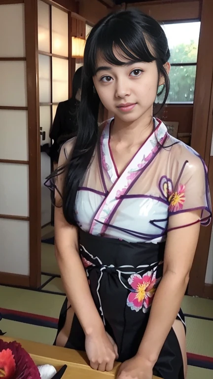 最high quality、high quality、best image quality、8K、最High resolution、High resolution、最high quality、masterpiece、realistic pictures、RAW photo、realistic atmosphere、(detailed face)、(fine hands、thumb1reference4)、(beauty of japan )、very nice face、cute face、((beautiful japanese girl))、(woman), ((18 year old beautiful girl))、(glossy black hair)、(straight long hair)、(ponytail)、whole body、slim style、(shiny skin)、(Fair skin, Glossy skin)、real human skin、realistic human body structure、perfect body, perfect face, perfect hands, perfect fingers, perfect lips, perfect eyes,perfect teeth、perfect background, perfect atmosphere, soft natural light、samurai kimono、maiko kimono、servant、geisha kimono、japanese kimono、Furisode、kimono、Yukata、japanese traditional、((There is a very large mirror in the room.))、((The girl in front of the mirror and the girl behind the mirror are identical twins..))、((The twin girls are facing each other with a mirror between them.))、((twin girls have the same appearance(The same face、same hairstyle、Same body type、Dress the same、Same pose))、((Twin girls are playing and imitating each other(pantomime))、((colorful transparent see-through(flowery kimono、Hakama with side slits))、Angle from a diagonal