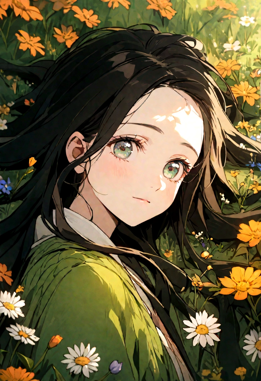 A close-up portrait of Nezuko lying in a meadow filled with wildflowers, looking into the camera. The vibrant colors of the flowers and the soft green background create a harmonious and peaceful scene. Detailed textures, vivid colors, serene atmosphere, hd quality