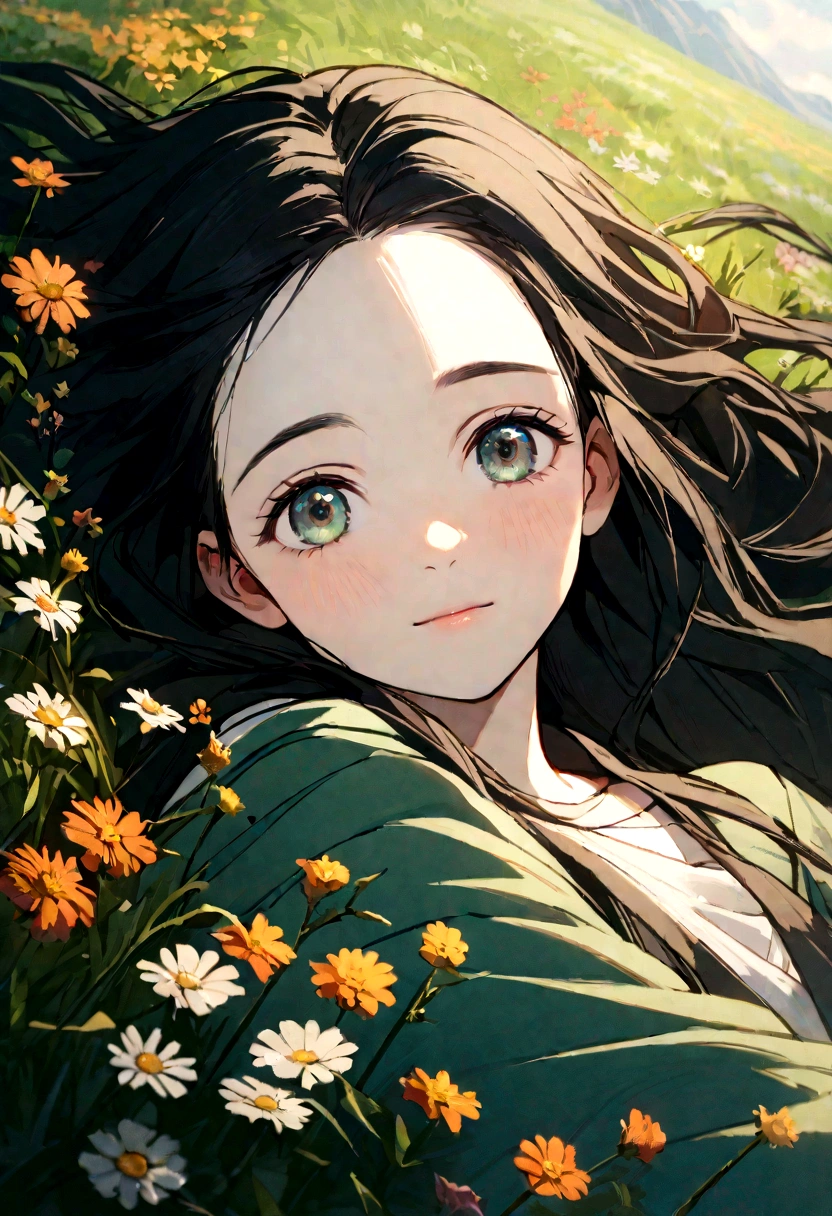 A close-up portrait of Nezuko lying in a meadow filled with wildflowers, looking into the camera. The vibrant colors of the flowers and the soft green background create a harmonious and peaceful scene. Detailed textures, vivid colors, serene atmosphere, hd quality