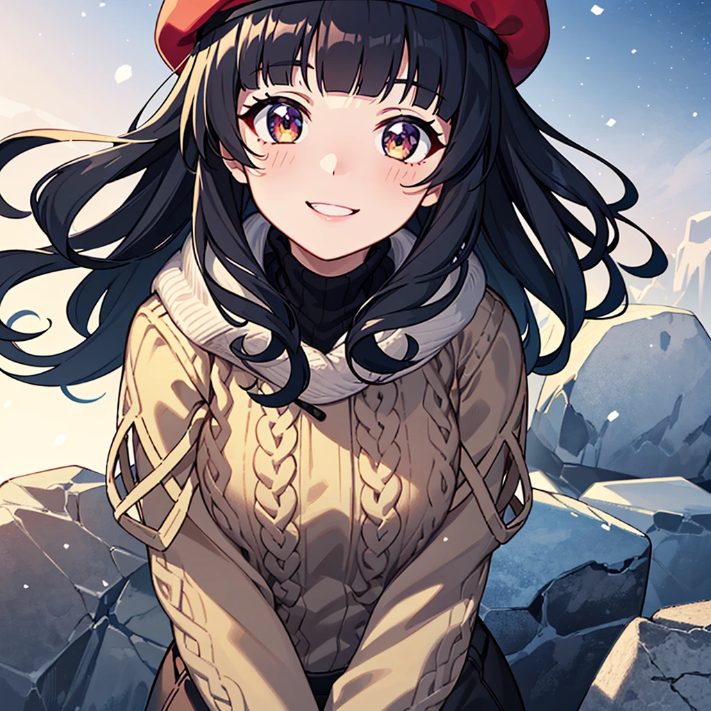 8K, highly detailed, high quality, anime style, game cg, upper-body_portrait, looking up, 1girl, Black Hair, blunt bangs, wavy hair, beret, light smile, muffler, sweater, Winter Cliff, Low saturation
