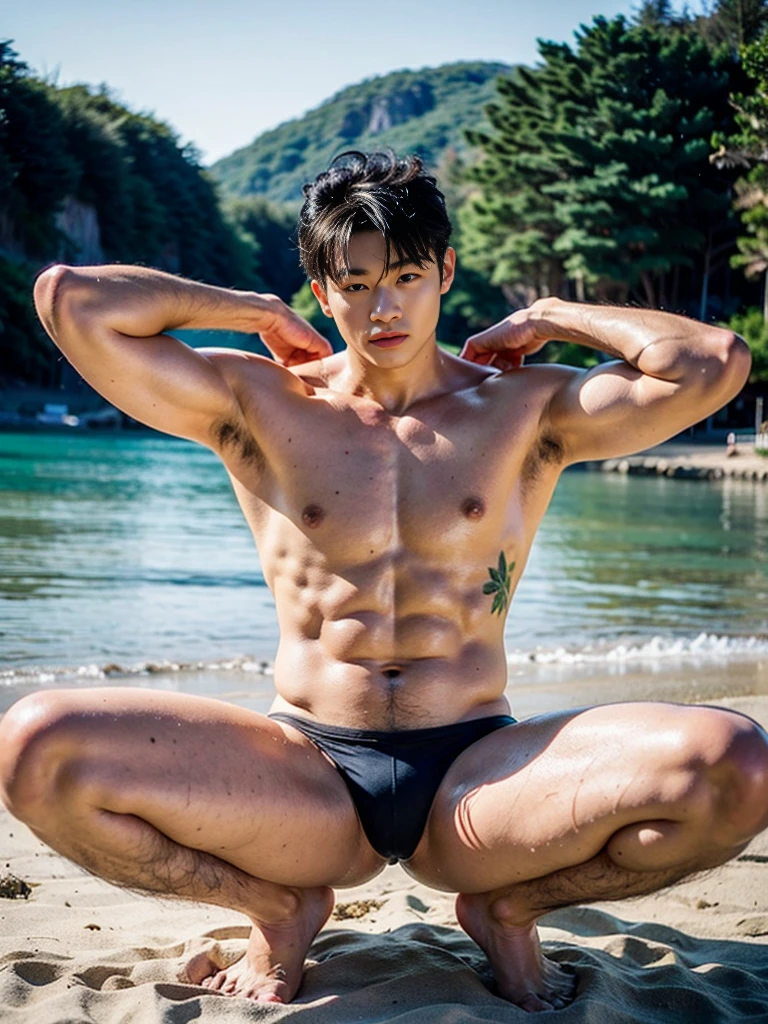 Realistic photography, 8k , handsome young muscular Korean man, wearing no shirt , wearing only black thong, beach, sitting and squating, lifted arms, spread legs
