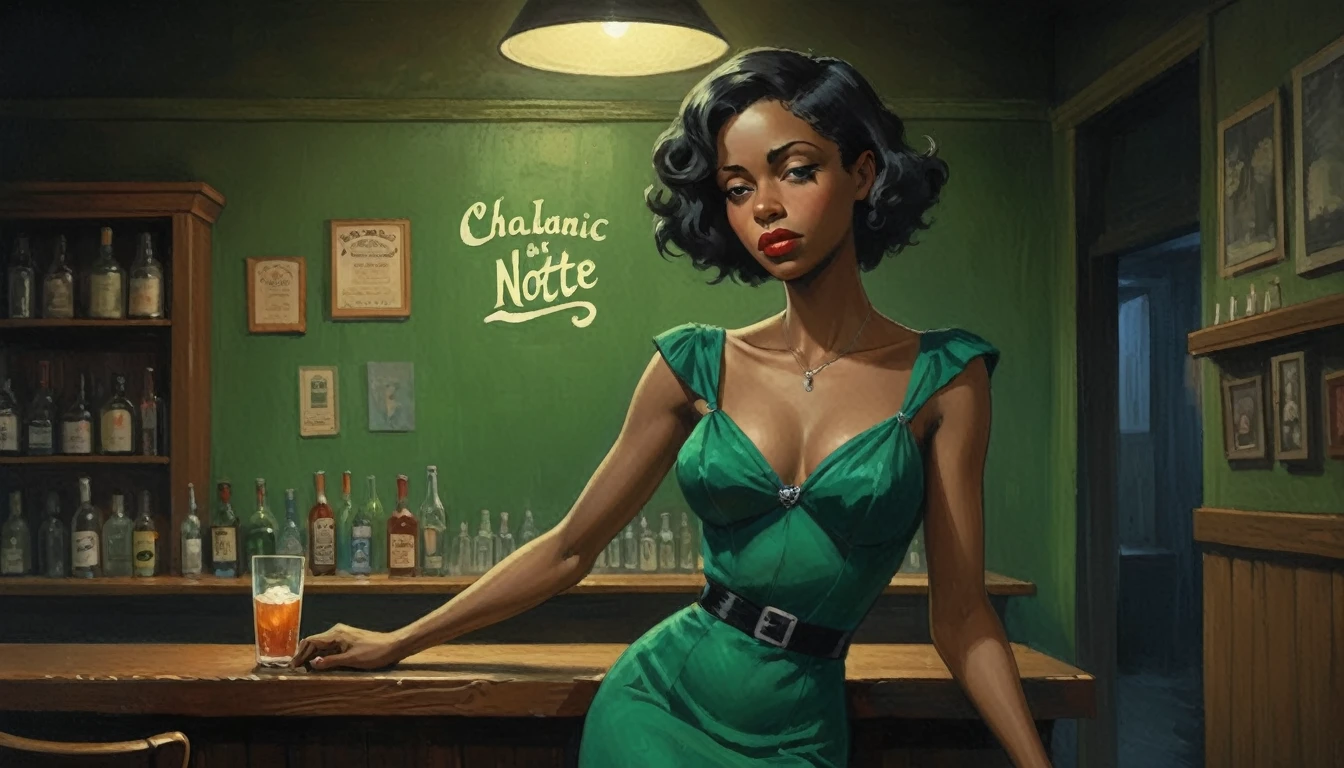 robert johnson, gritty, alabama bar, blue note, charismatic , green dress, illustration, noir fantasy, lone canadian lady, sad ending, saxophonist