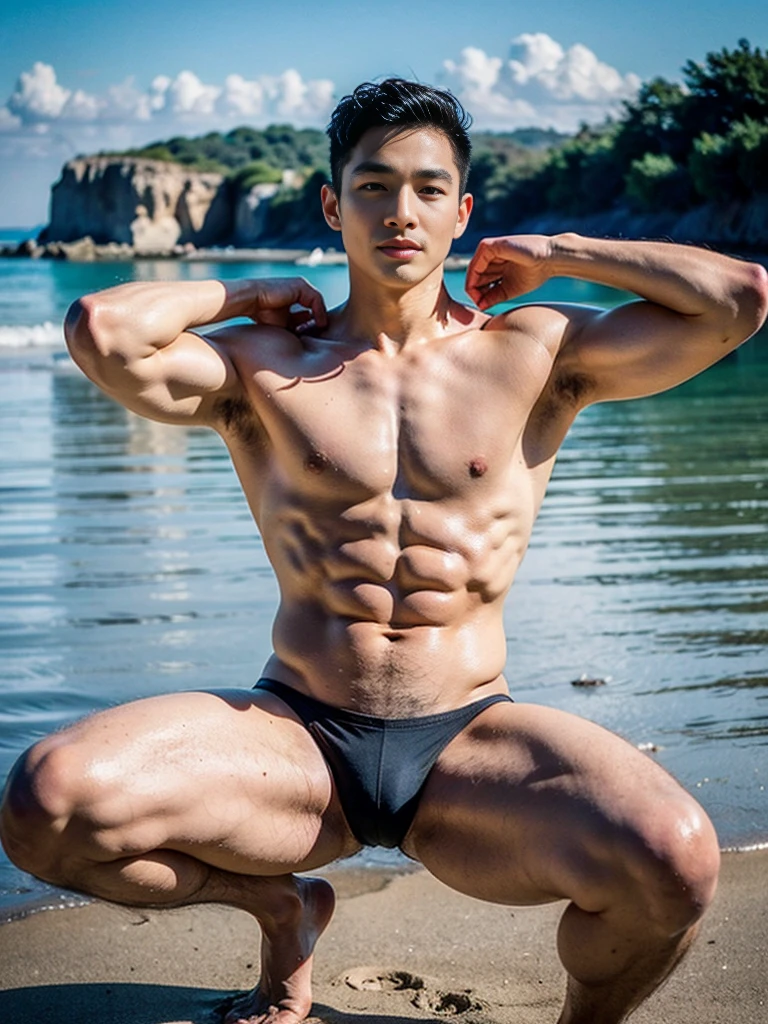 Realistic photography, 8k , handsome young muscular Korean man, wearing no shirt , wearing only black thong, beach, squating, lifted arms, spread legs
