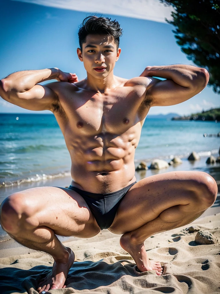 Realistic photography, 8k , handsome young muscular Korean man, wearing no shirt , wearing only black thong, beach, squating, lifted arms, spread legs