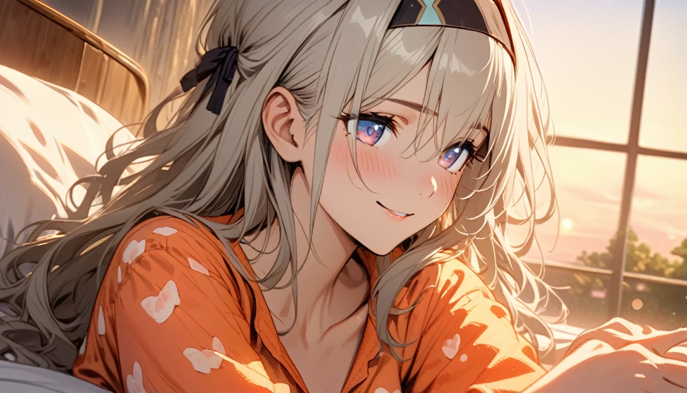 beautiful girl, long grey hair, beautiful face,smiling,close up to hips, beautiful breast, laying on stomach on bed,,illustration,detailed textures(realists),ultra-detailed,portrait style,vivid colors,soft lighting, blushing, mature, hair fluttering, evening light , head band, ((half body)), wearing simple pajamas , perky. ((side profile until hips)), very shy