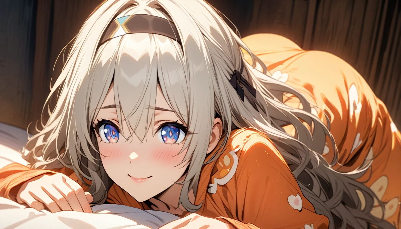 beautiful girl, long grey hair, beautiful face,smiling,close up to hips, beautiful breast, laying on stomach on bed,,illustration,detailed textures(realists),ultra-detailed,portrait style,vivid colors,soft lighting, blushing, mature, hair fluttering, evening light , head band, ((half body)), wearing simple pajamas , perky. ((side profile until hips)), very shy