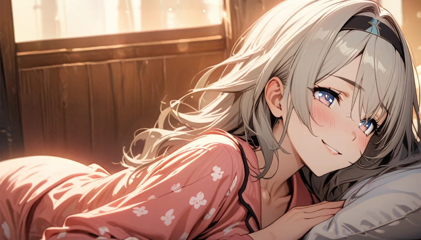 beautiful girl, long grey hair, beautiful face,smiling,close up to hips, beautiful breast, laying on stomach on bed,,illustration,detailed textures(realists),ultra-detailed,portrait style,vivid colors,soft lighting, blushing, mature, hair fluttering, evening light , head band, ((half body)), wearing simple pajamas , perky. ((side profile until hips)), very shy