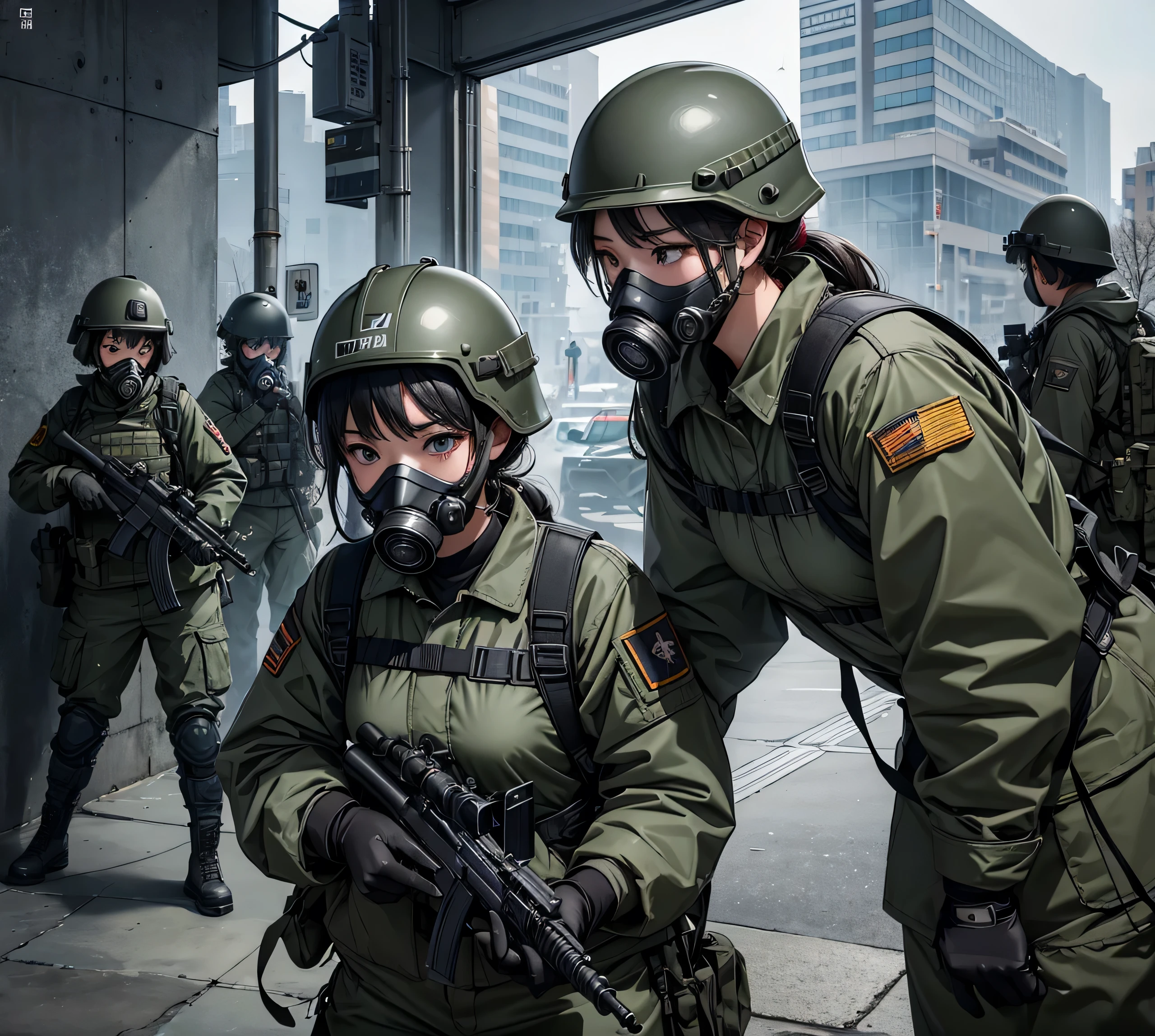A group of female soldiers wearing gas masks、Wear a steel helmet、Wear goggles、Dark gray military uniform、Military Pants、Hospital corridor、Shooting battle、Write details、masterpiece、best quality、Highly detailed CG、8K picture quality