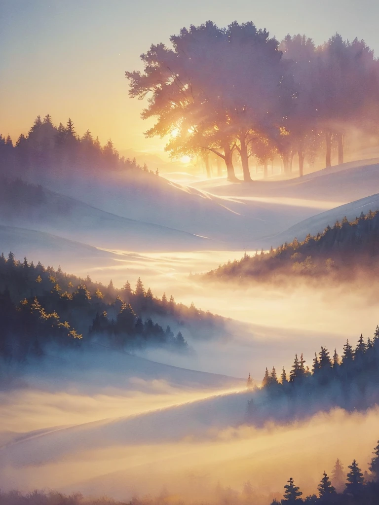 a serene and peaceful landscape painting, highly detailed watercolor on linen canvas, perfectionism, a symphony of color and motion, soft fog and particles illuminated by golden hour sunlight, swirling magical energy, sharp eyes, super polished shadow play, composition of contrast and balance, vibrant colors, realistic yet with a touch of whimsy