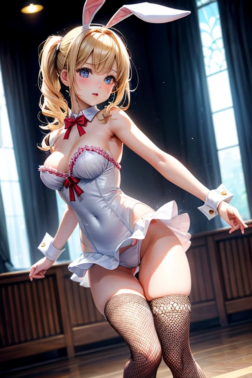 (Realistic:1.8, Highest quality:1.8,8Kmasterpiece:1.8,High resolution,masterpiece:1.8,RAW Photos,Cinema Lighting),No split screen、Shining Light、dance hall、(Dancing Bunny Girl)、Part Enlargement、Angle from below、 (Real skin texture:1.3)、(Shortcuts、Blonde)、Women's costume(choker、Bunny Girl Suit、Knee-high fishnet socks、Rabbit'tail)、Crotch close-up、((Perfect female body))、 Ezvian everywhere、(Random sexy poses:1.3、pierce'turn your hips upward、Push your hips towards the camera:2.3)、Camel Toe、(Beautiful expression、Beautiful Face、Beautiful Eyes、Rich expressiveness、smile)、 (Immersive atmosphere、Chiaroscuro:1.5、Bright light:1.2、Bright lighting)、Realistic:1.3、Long Shot、The woman is naked、The woman is naked、Adult video shoot