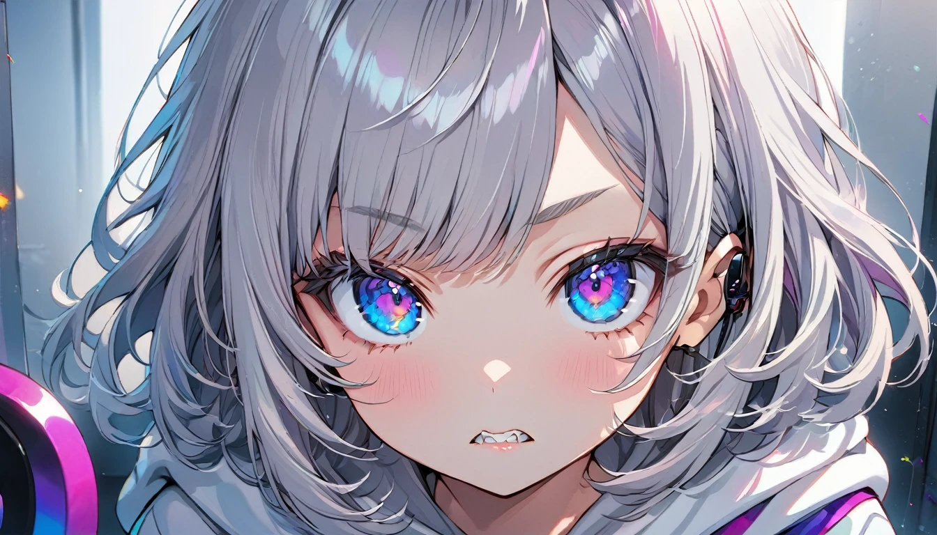 ((Masterpiece)), ((best quality)), (Anime:1.3), (super detail:1.2), (High Definition:1.3), (Professional Photography:1.3), cute young Girl, Glossy unruly hair, (loose swept bangs), (silver ash hair), medium hair, big eyes, (Eye bags:1.3), (Long eyelashes), colorful eyes, (serious), Glossy lips, (jagged teeth), ((white hoodie with oversized)), barearms, cute, (Weighing it using a balance), (colorful:1.3), gothic makeup, wearing headphones,