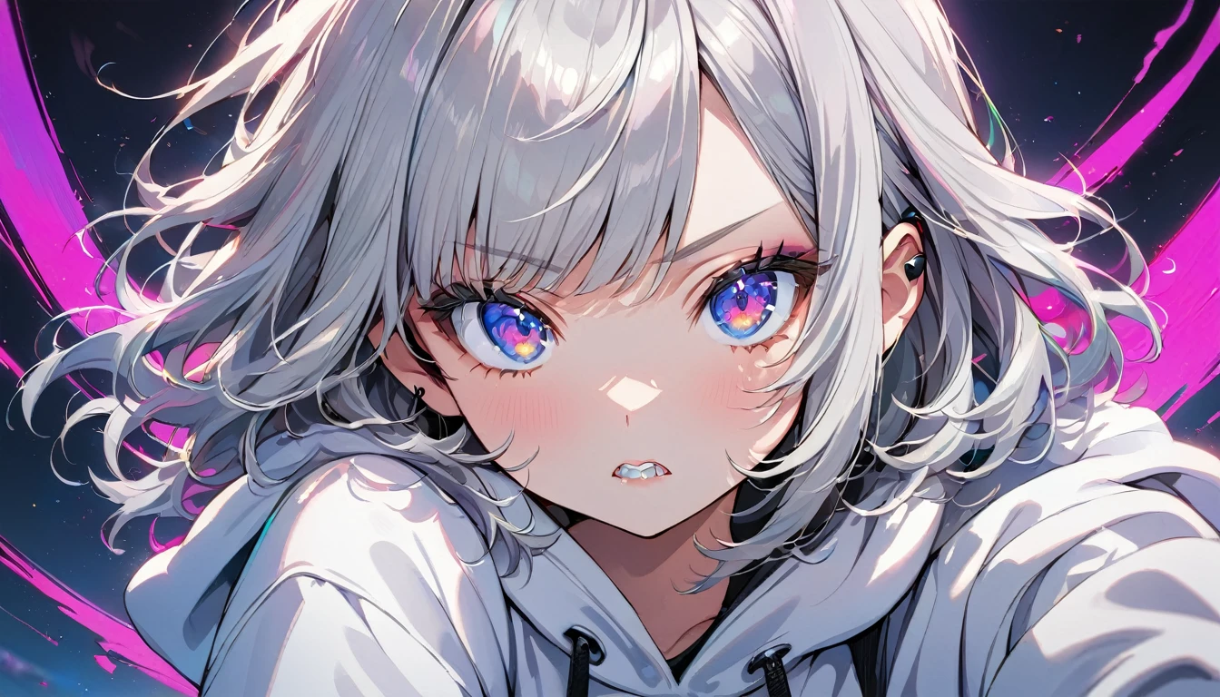 ((Masterpiece)), ((best quality)), (Anime:1.3), (super detail:1.2), (High Definition:1.3), (Professional Photography:1.3), cute young Girl, Glossy unruly hair, (loose swept bangs), (silver ash hair), medium hair, big eyes, (Eye bags:1.3), (Long eyelashes), colorful eyes, (serious), Glossy lips, (jagged teeth), ((white hoodie with oversized)), barearms, cute, (Weighing it using a balance), (colorful:1.3), gothic makeup, wearing headphones,