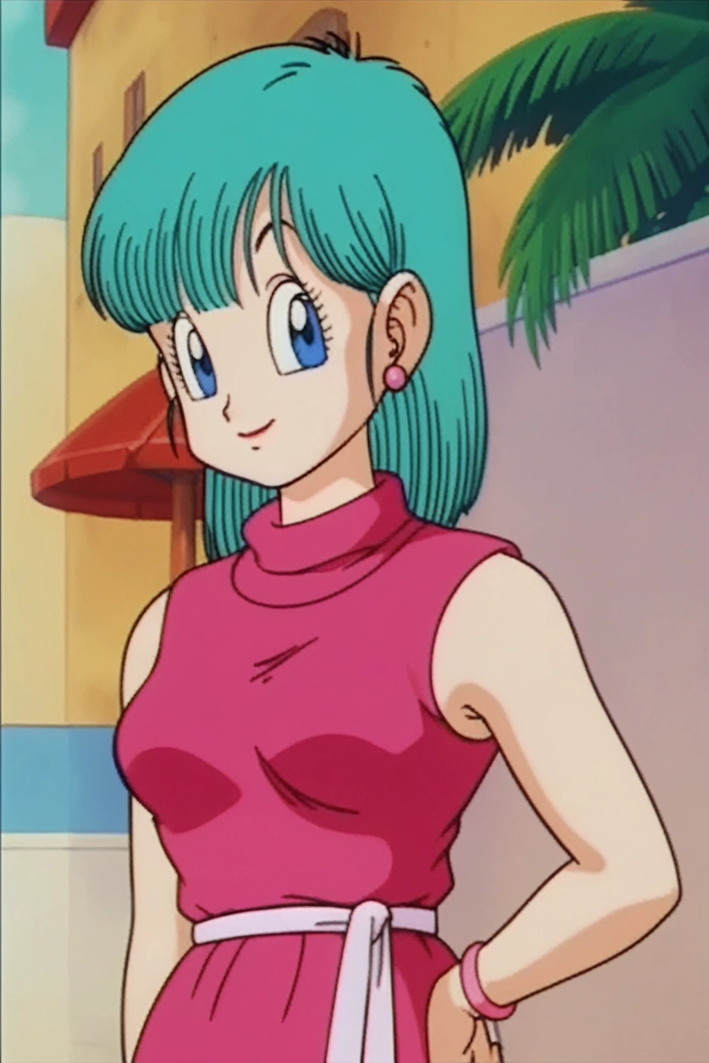 source_anime, score_9, score_8_up, score_7_up, anime screencap, 
bulma \(dragonball\), aged_up, brick wall, blue skies, 1girl, solo, medium hair, blue eyes, jewelry, earrings, outdoors, sleeveless, tree, aqua hair, retro artstyle, 1990s \(style\),naked(((hands above showing armpits)))), right arm down, looking at the viewer, medium breasts, upper body, smile, standing, bib  , perfect shape body
 